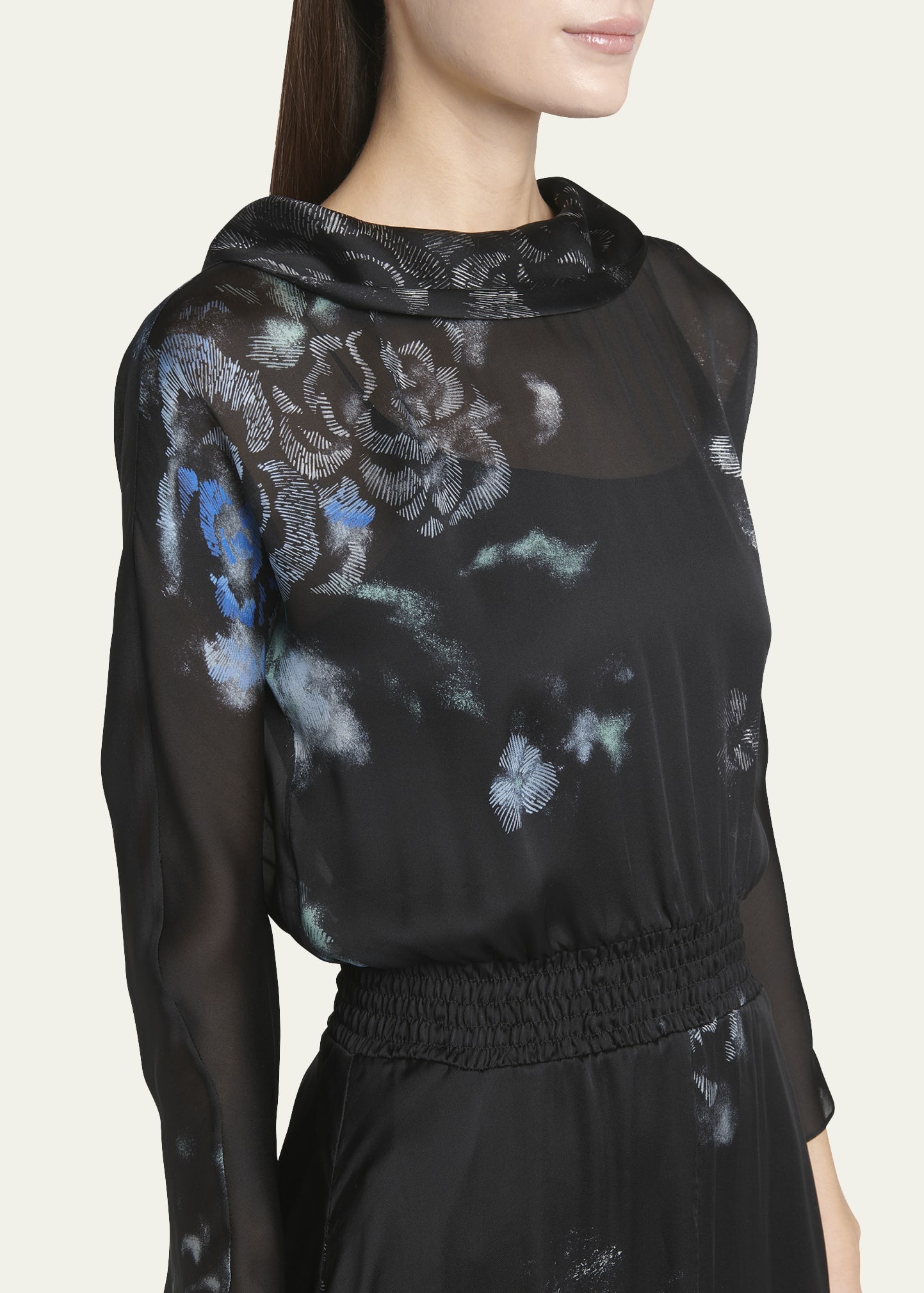 Floral Print Silk Gown with Smocked Waist - 5
