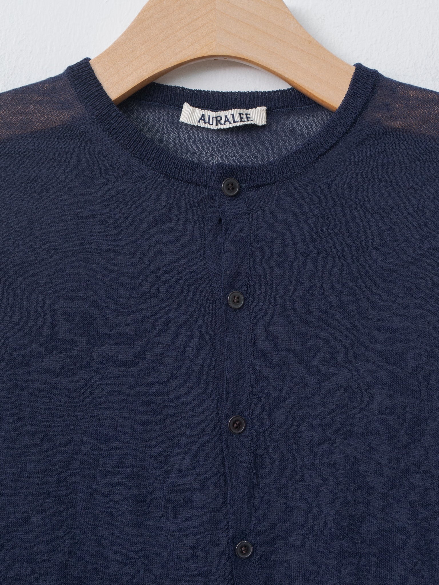 Wrinkled Wool Polyester High Gauge Knit Crew Neck Cardigan - Navy - 4