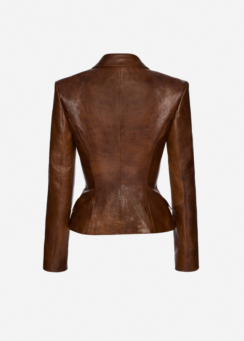 Tailored leather peplum blazer in light brown 2