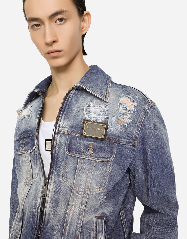 Light blue mixed-denim jumpsuit with rips - 4