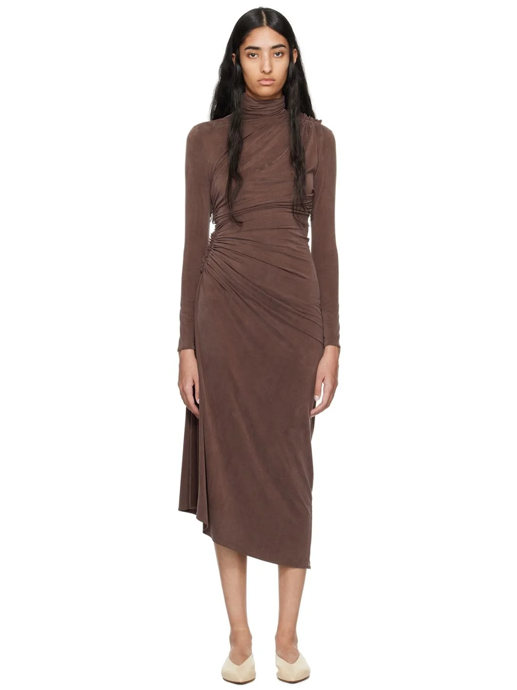 Brown Ruched Midi Dress - 1
