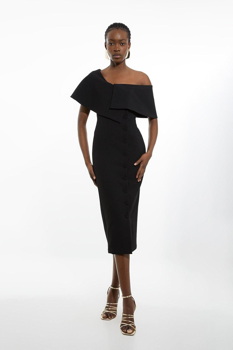 Petite Compact Stretch Off Shoulder Button Through Tailored Midaxi Pencil Dress 1