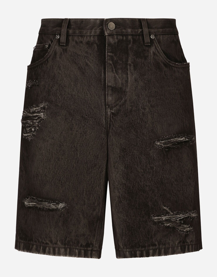 Washed denim Bermuda shorts with rips - 1