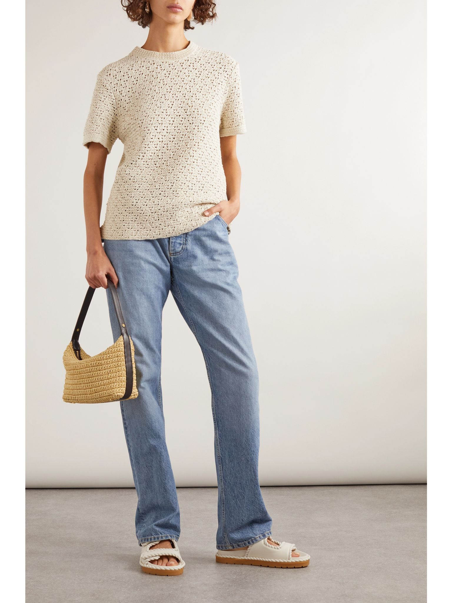 Crochet-knit cotton T-shirt Ivory - 2