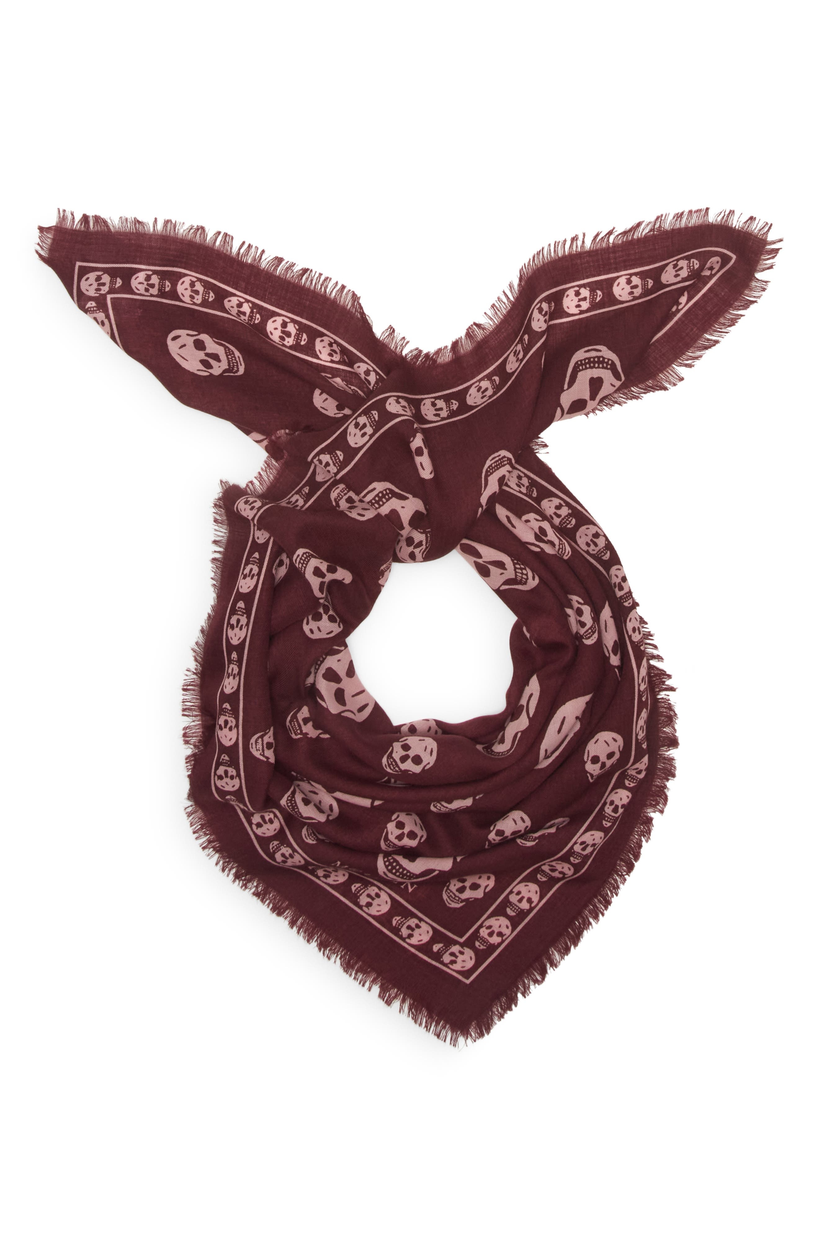McQueen Skull Print Wool Fringe Scarf in Burgundy/Pink at Nordstrom - 3