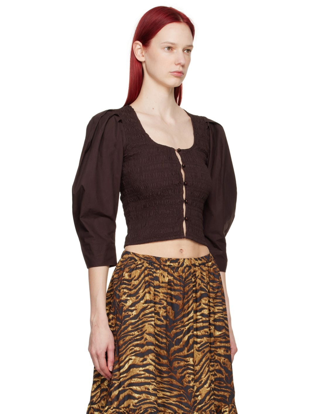 Brown Smocked Blouse - 2