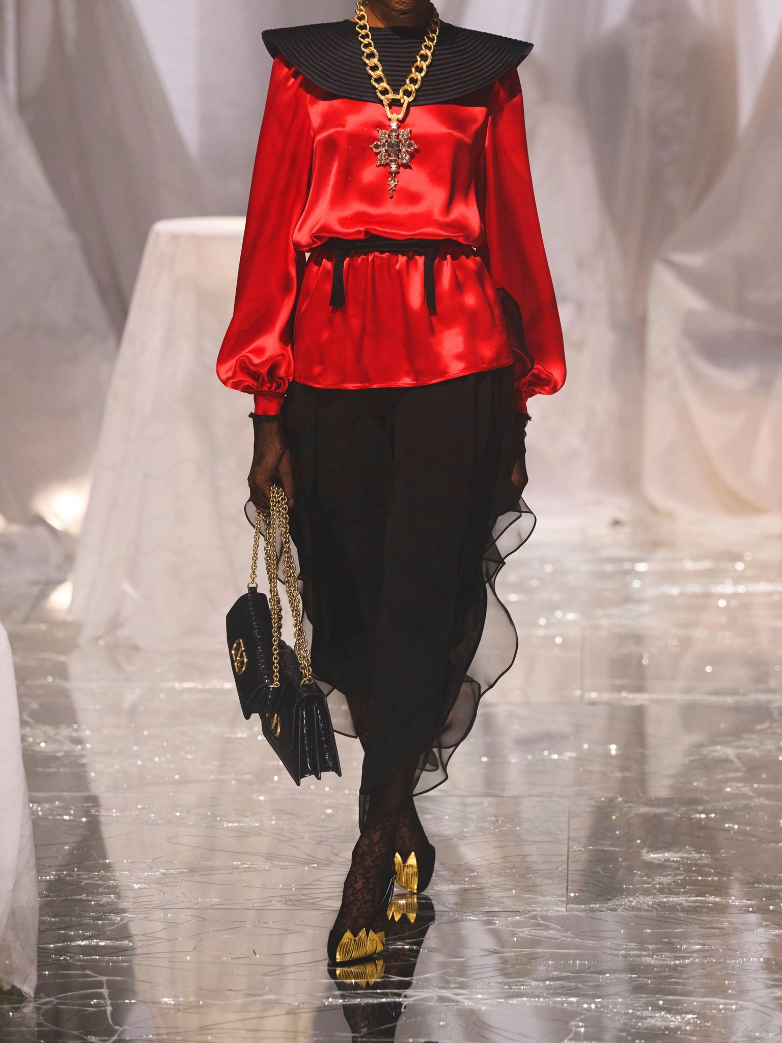 Asymmetric ruffled silk-chiffon wide-leg pants Black - 6