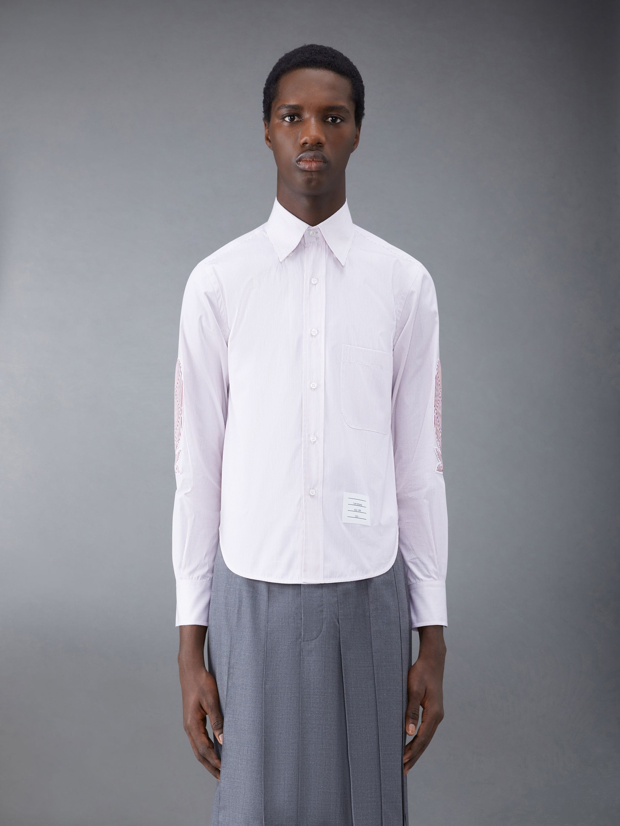 Micro Pinstripe Poplin Whale Patch Round Hem Shirt - 2