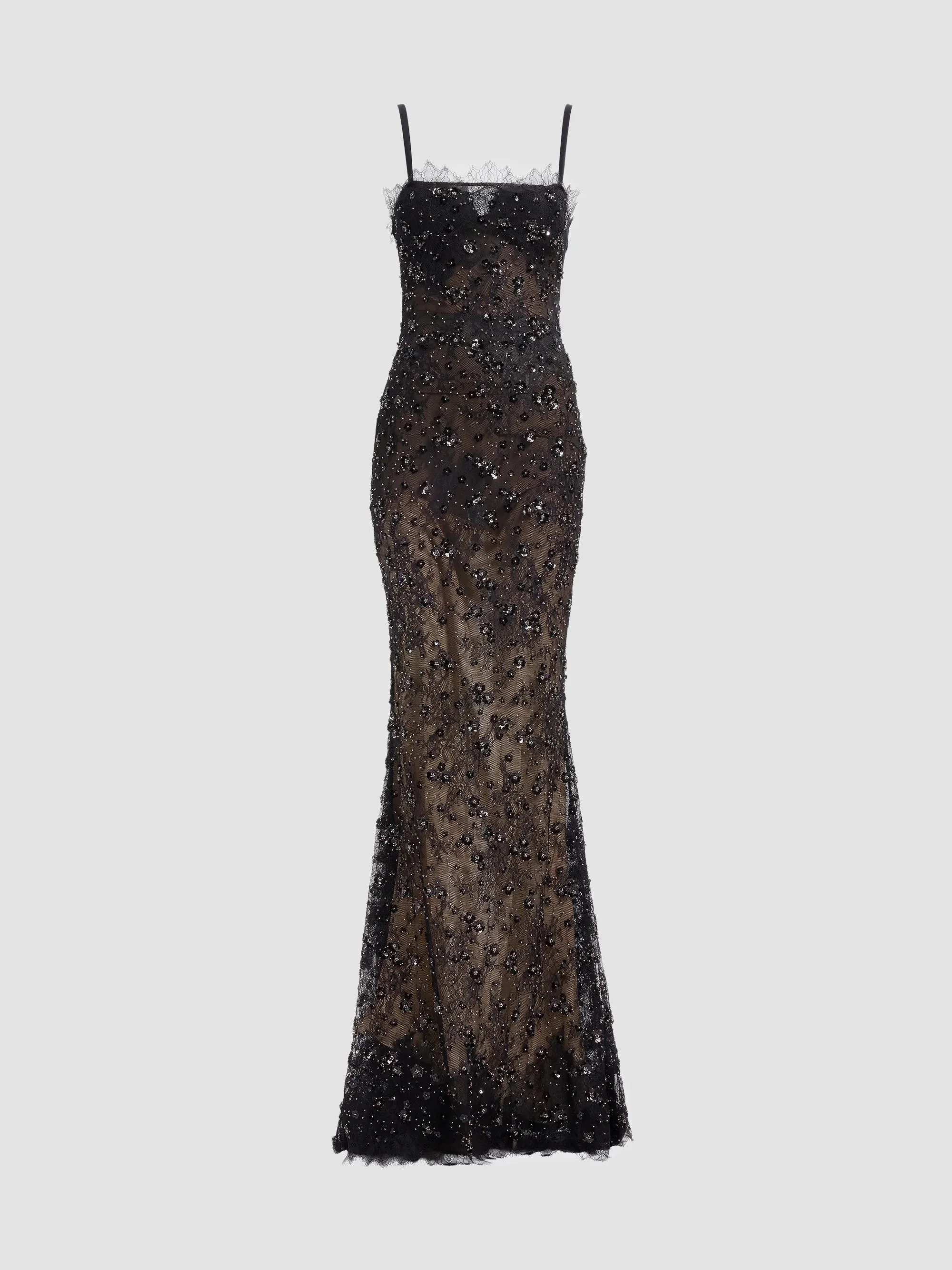 Women's Sequined Embroidered Lace Mermaid Gown - Black - 1