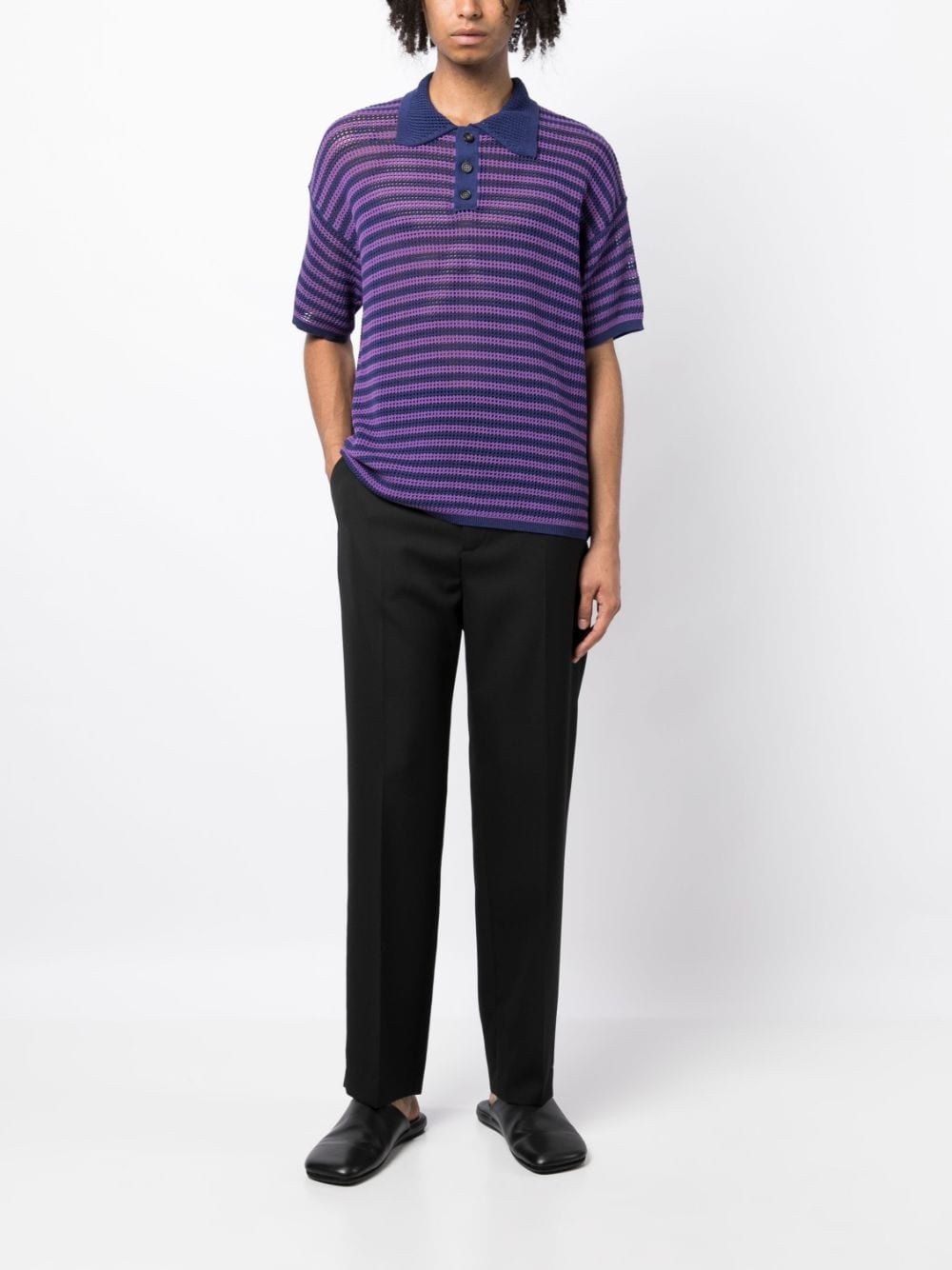 striped open-knit polo shirt - 2