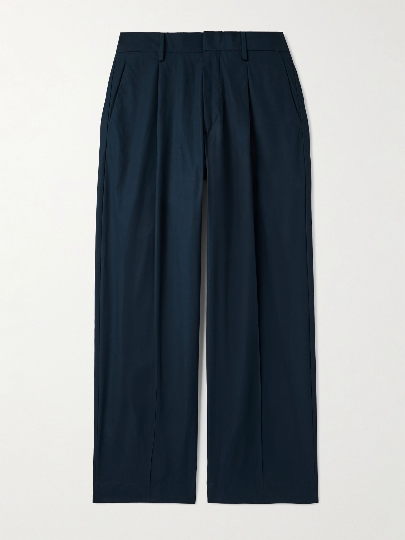 Kay 1080 Straight-Leg Pleated Organic Cotton-Poplin Trousers Navy - 1