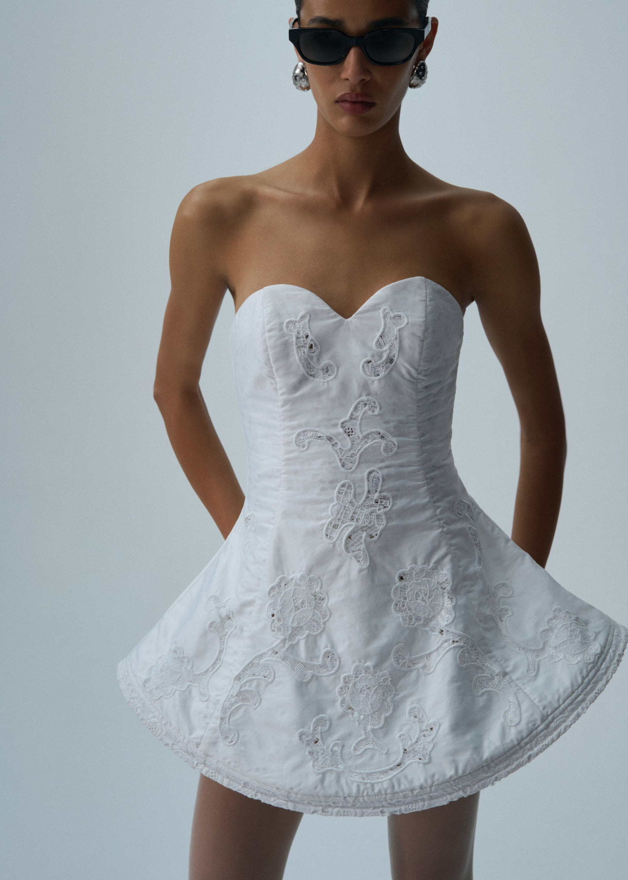 Lace poplin strapless babydoll mini dress in white - 4