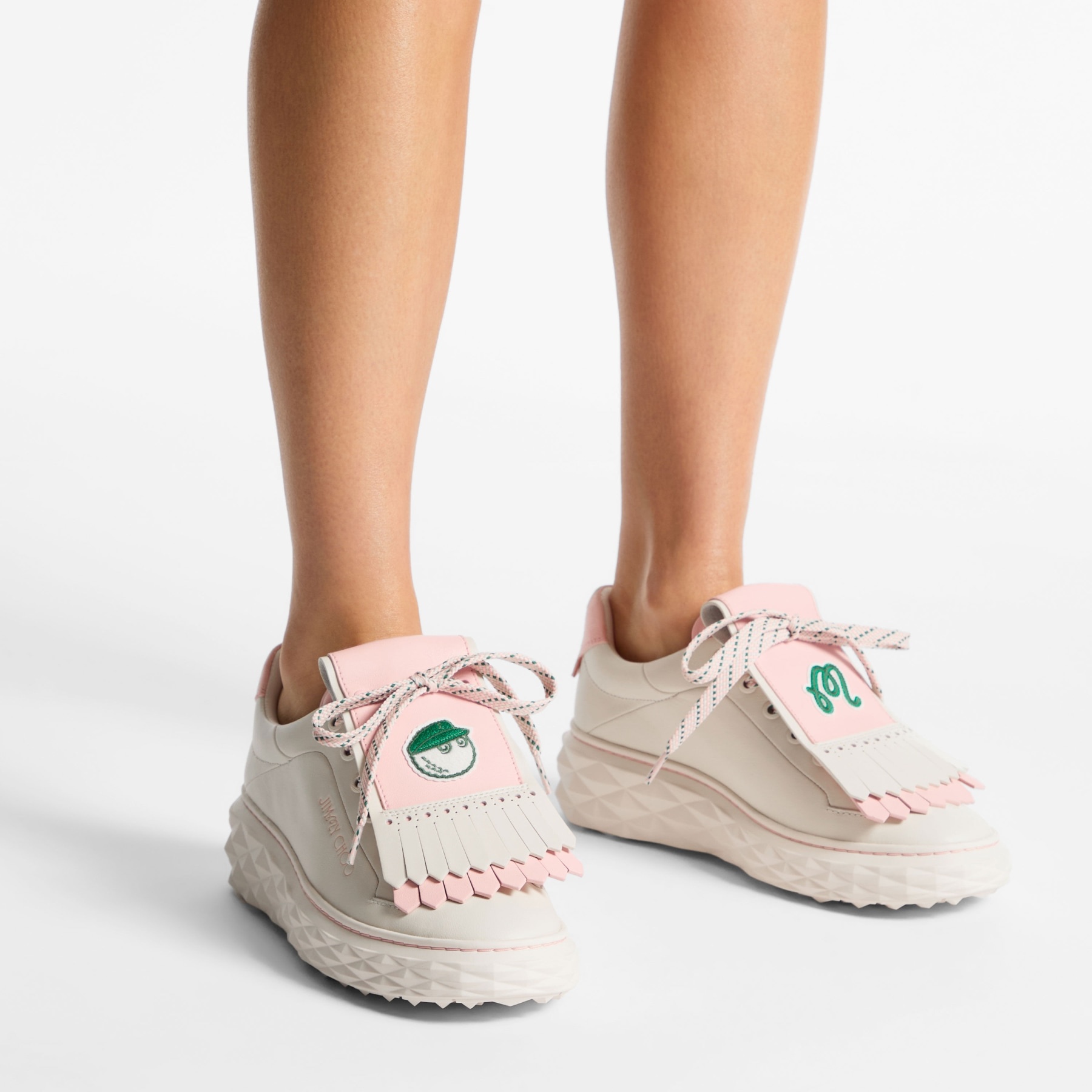 Jimmy Choo / Malbon 2.0 Diamond F 
Women's Latte Leather and Malbon Pink Trainers with Detachable Ki - 2