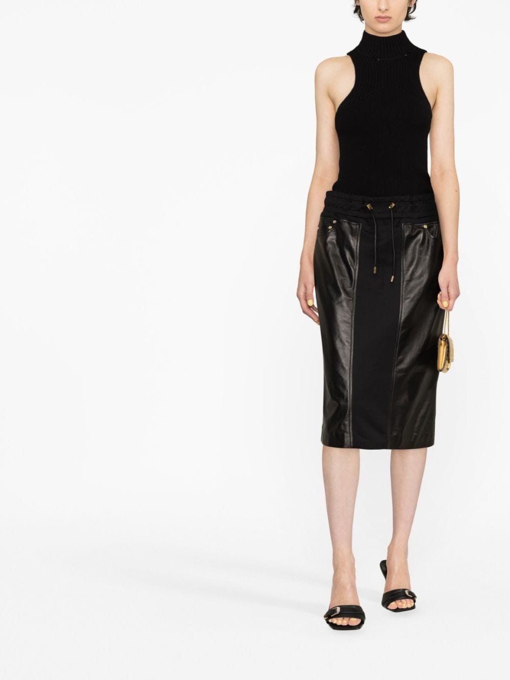 panelled leather and cotton-blend jersey midi skirt - 2