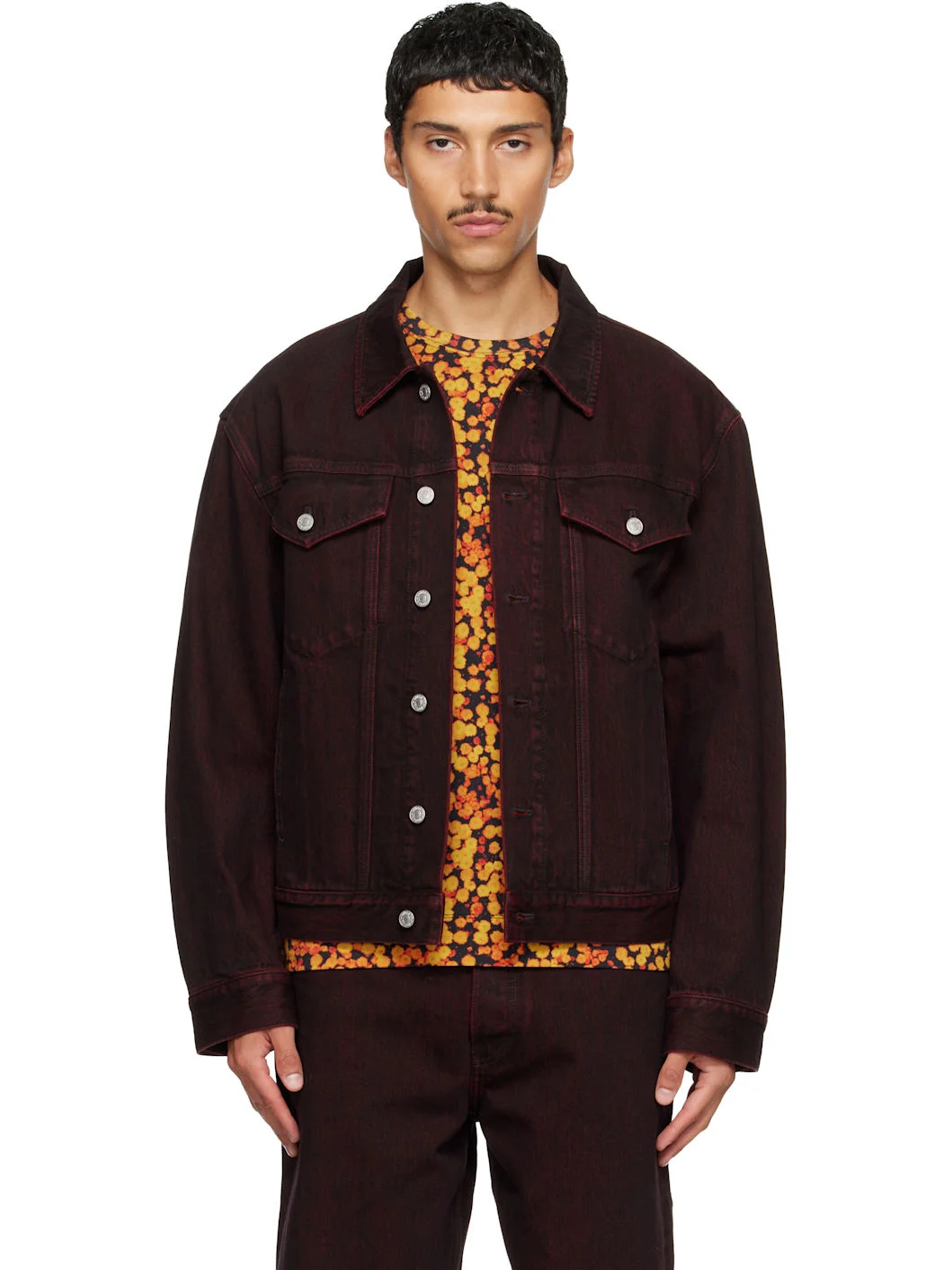 Burgundy Faded Denim Jacket - 1