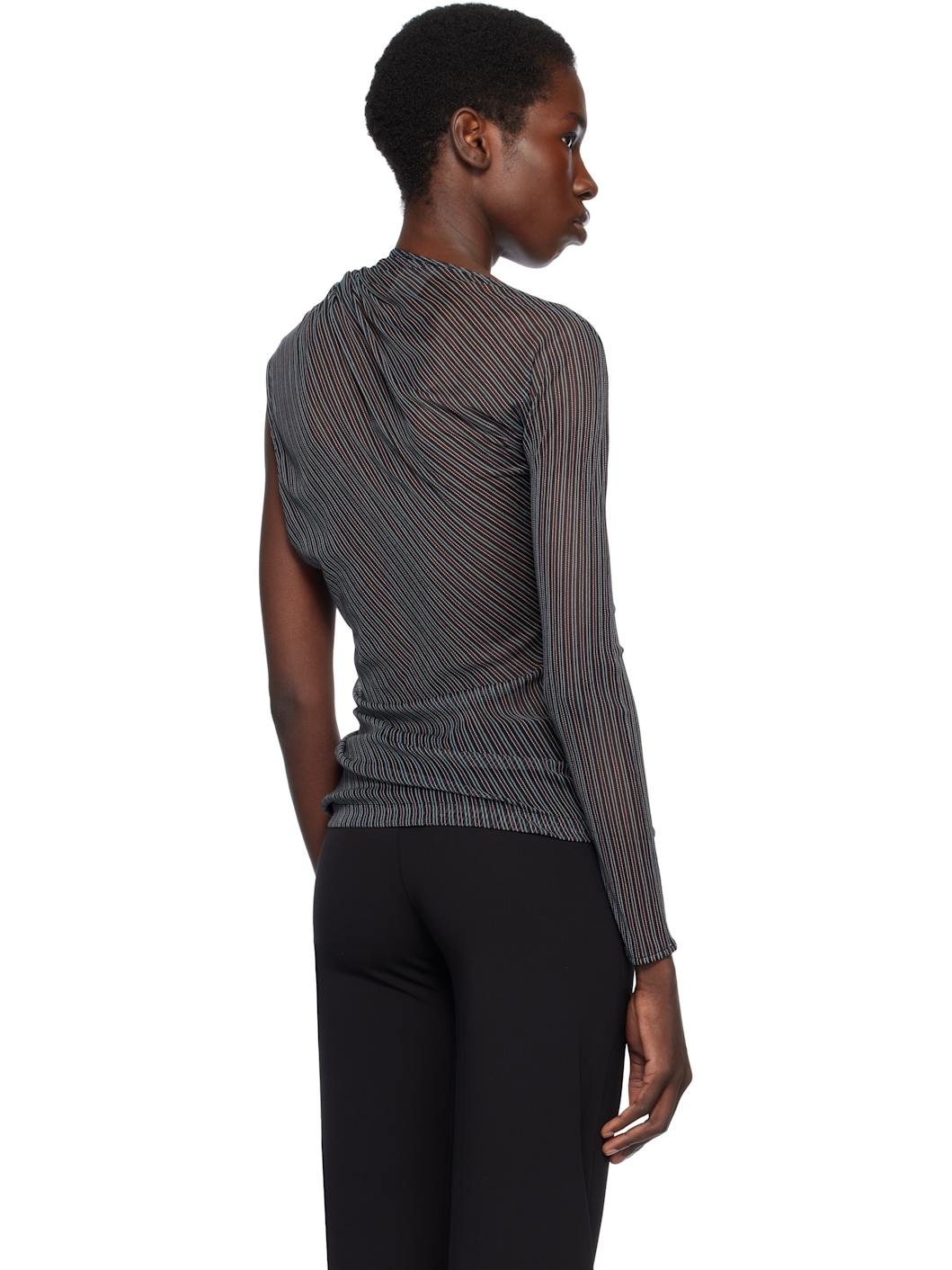 Black Asymmetric Striped Mesh T-shirt - 3