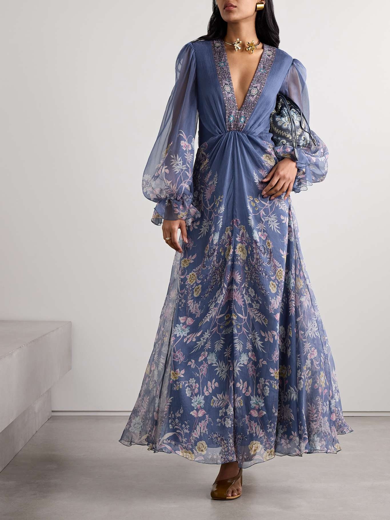 Draped floral-print silk-crepon maxi dress - 2