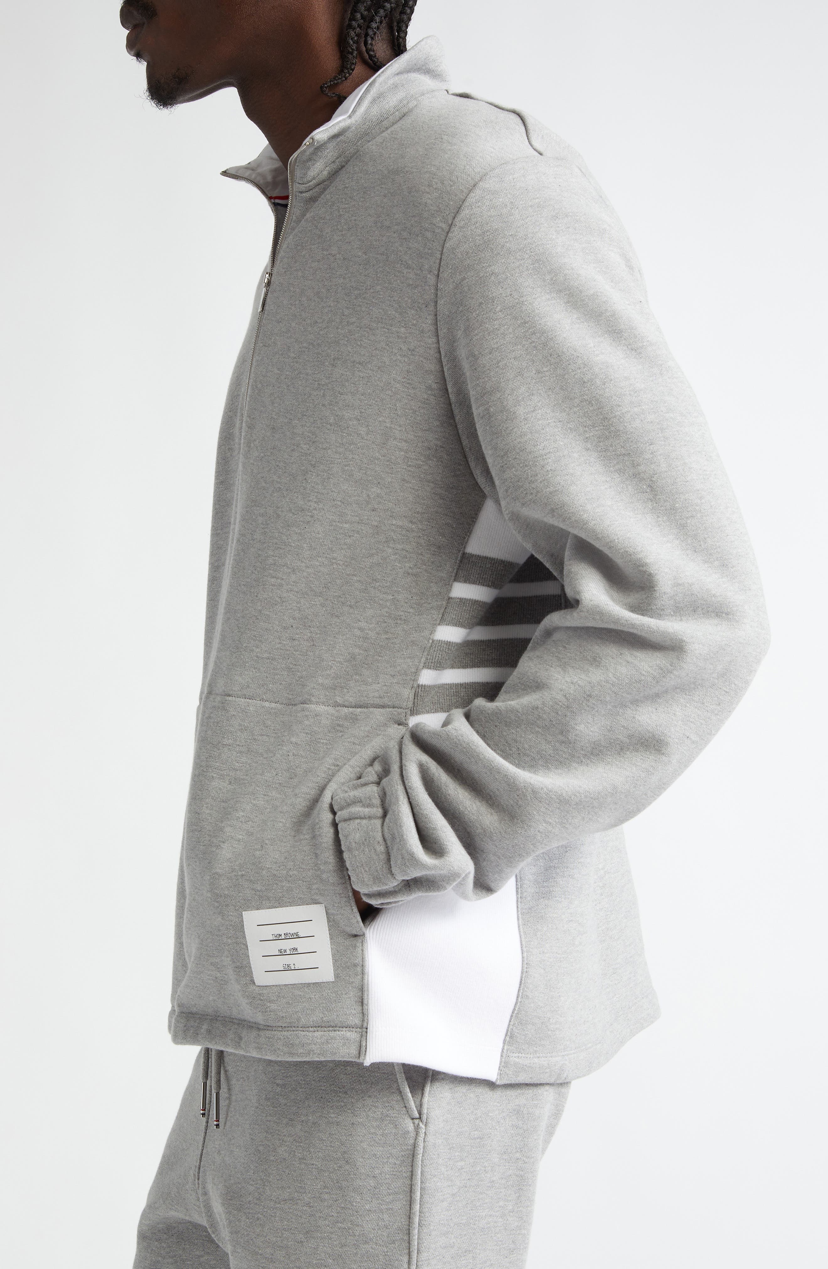 Thom Browne 4-Bar Stripe Funnel Neck Half Zip Sweatshirt in Light Grey at Nordstrom - 4