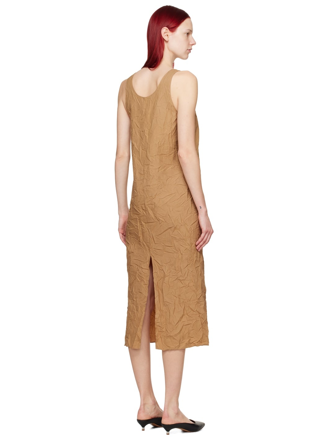 Brown Wrinkled Midi Dress - 3
