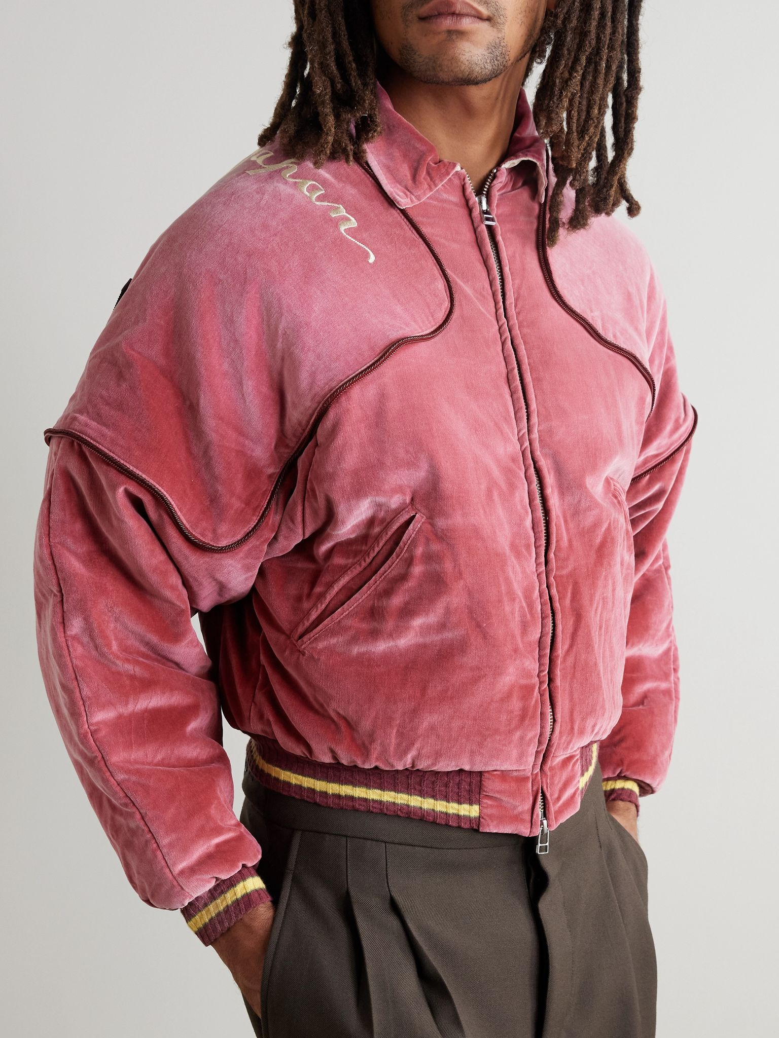 Logo-Embroidered Zip-Detailed Cotton-Velvet Bomber Jacket Pink - 3