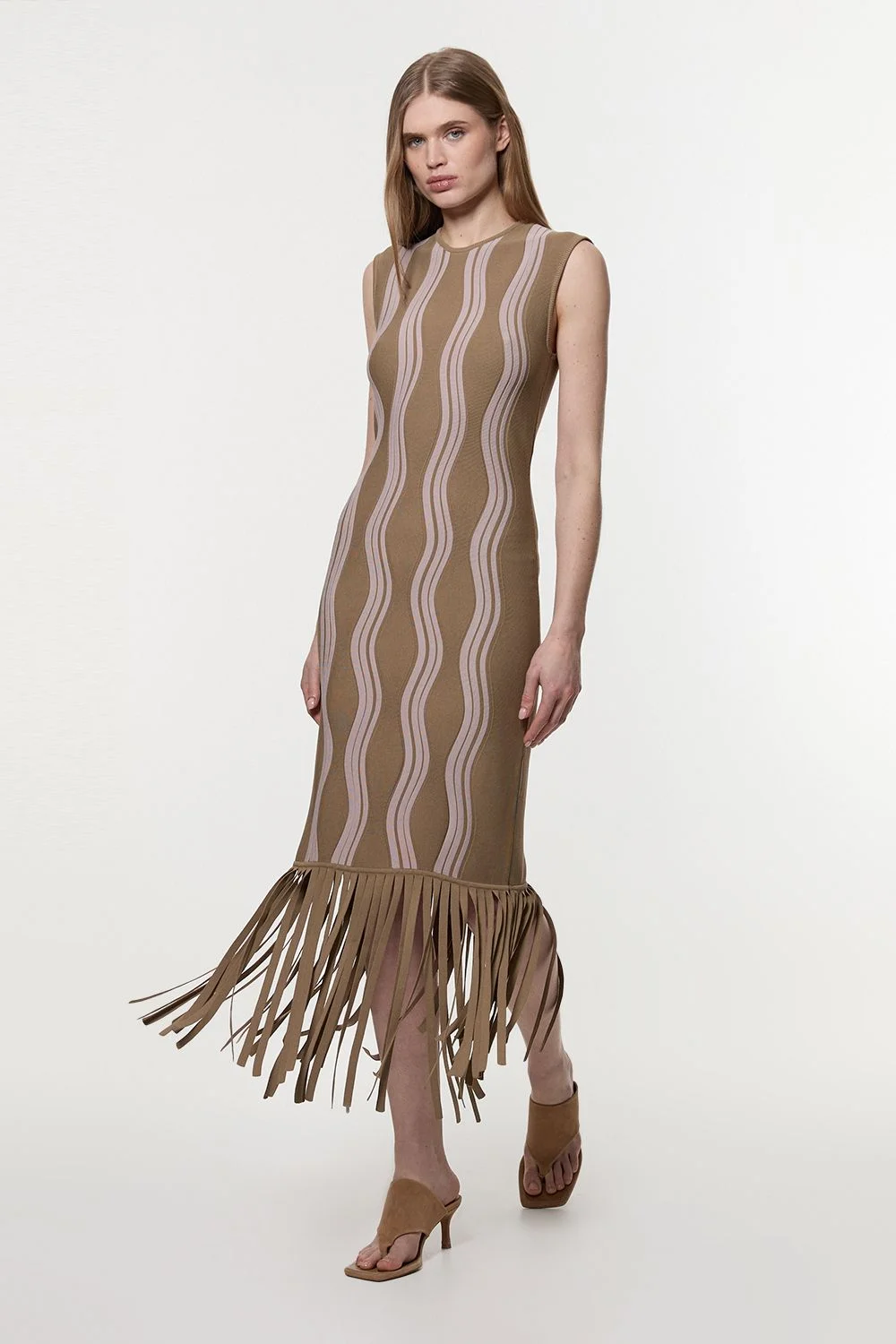 Contrast Wave Knit Dress With Fringing - 1