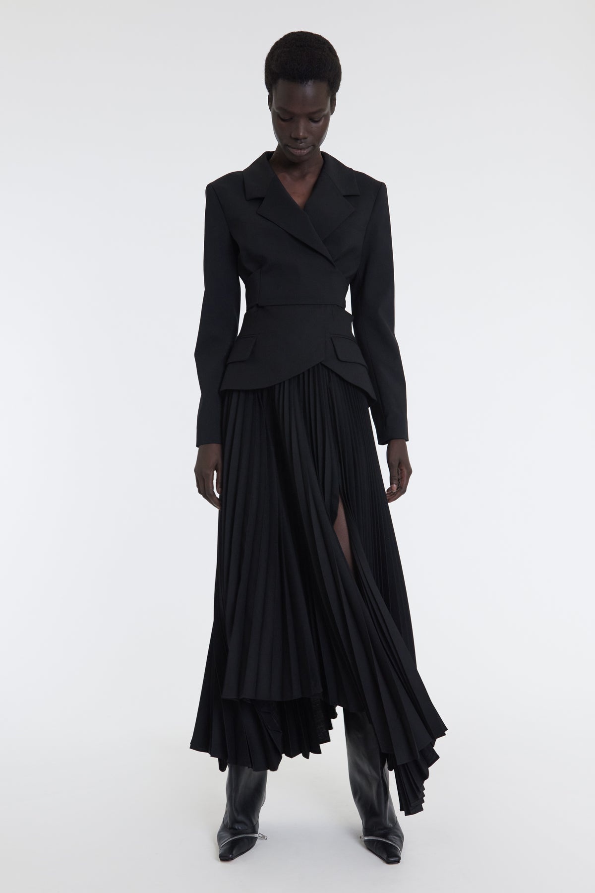 MAXI PLEATED ASYMMETRIC SKIRT WITH BASQUE DETAIL BLACK - 5