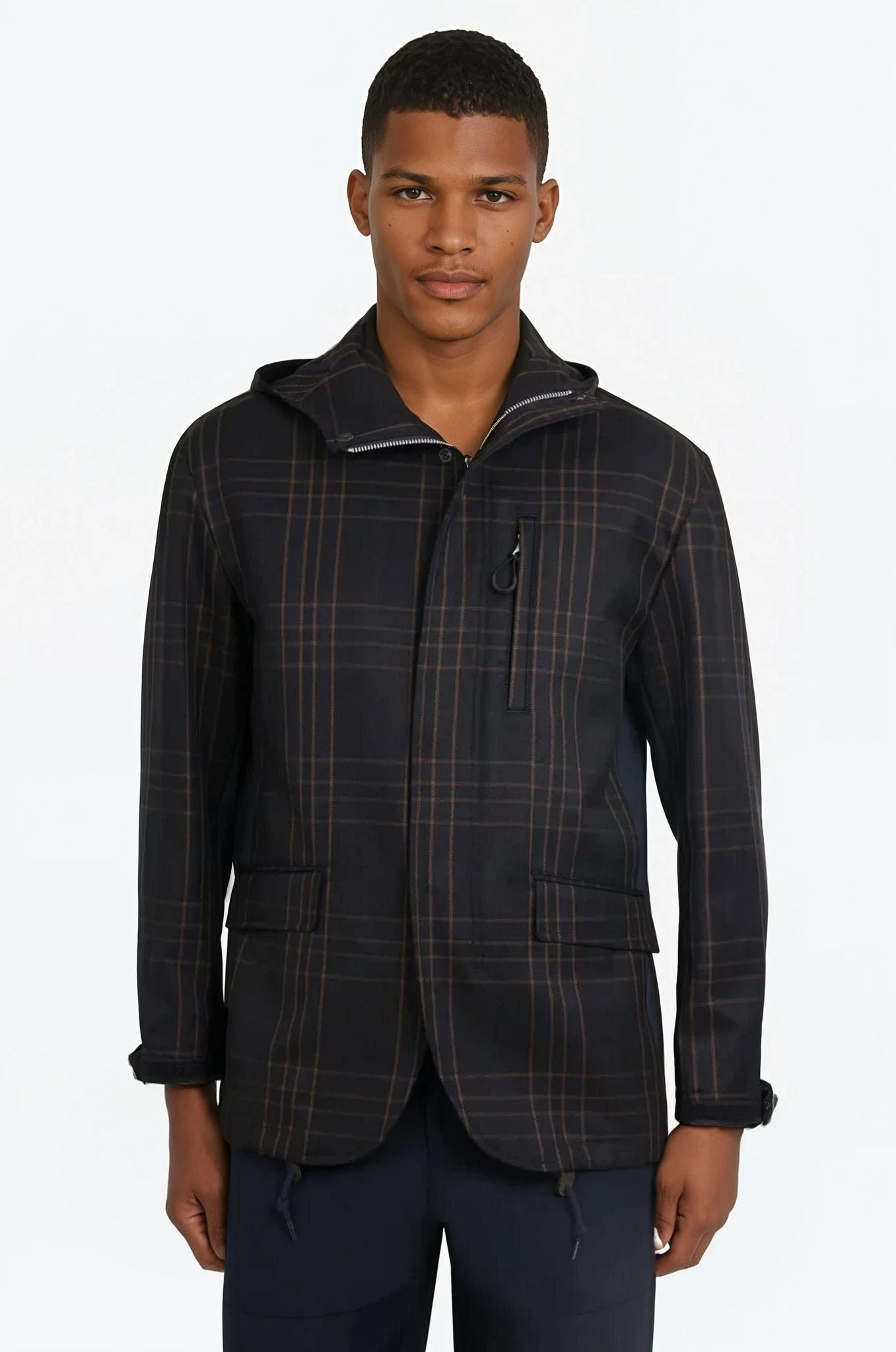 CHECK PRINT PARKER JACKET WITH POCKET DETAIL | NAVY/BURGUNDY - 2