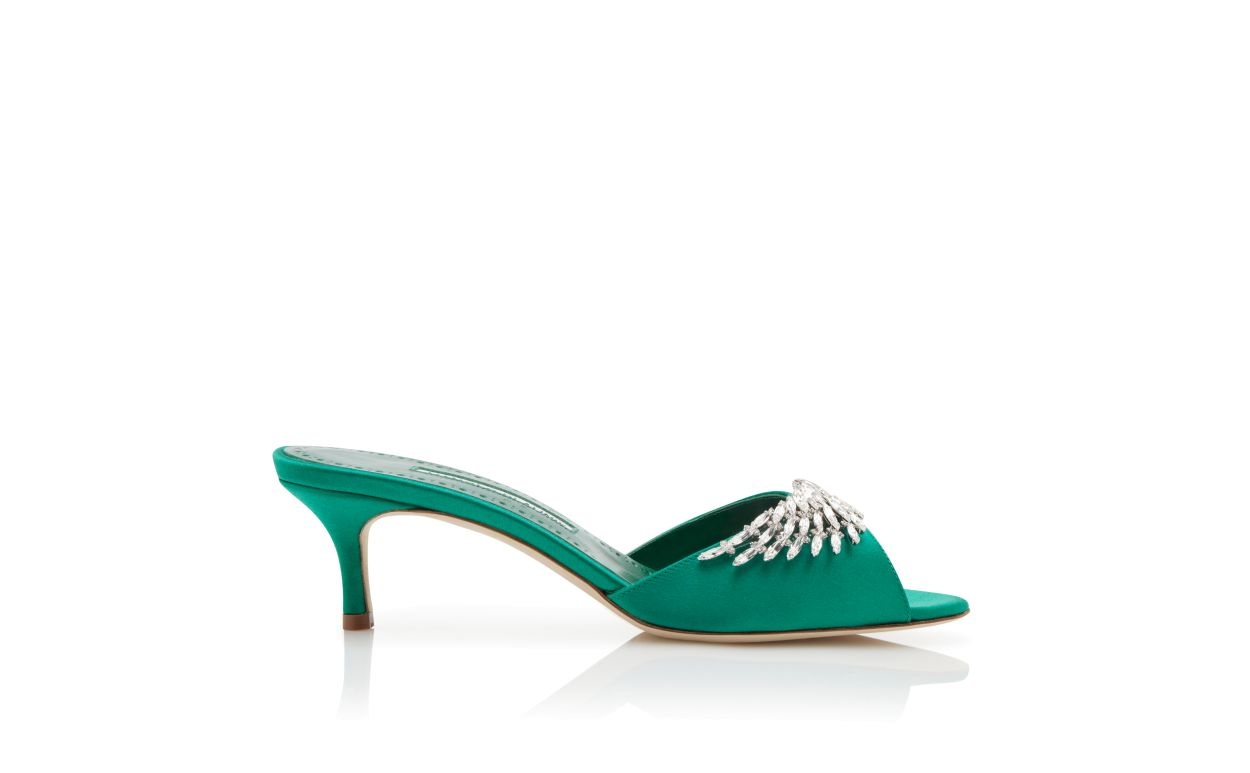 Green Satin Jewel Embellished Mules - 1