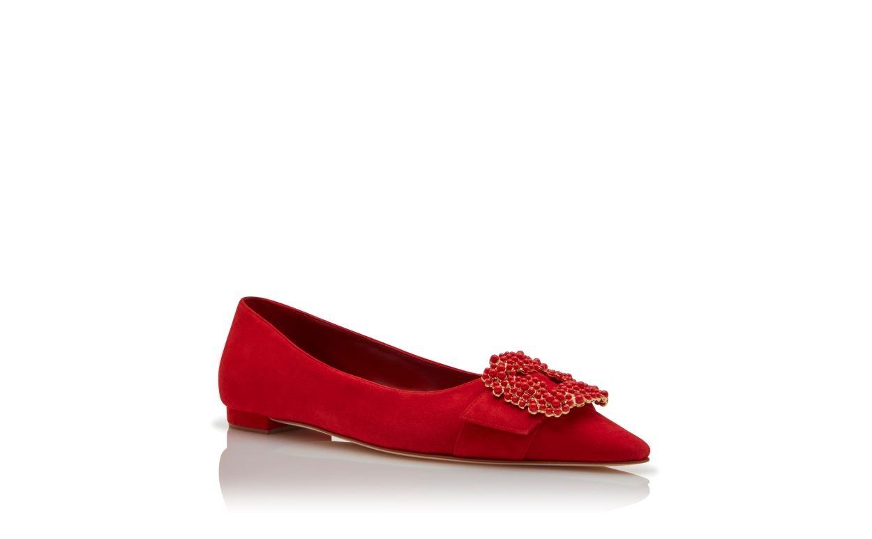Red Suede Pearl Buckle Flat Pumps - 3