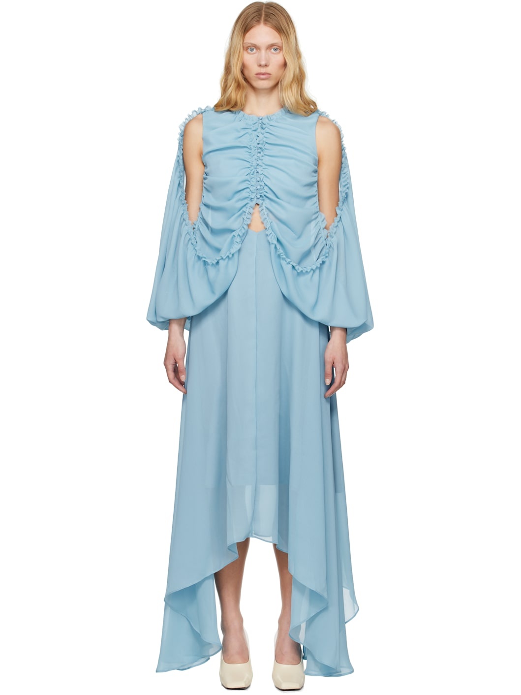 Blue Shirred Poncho Vest Midi Dress - 1