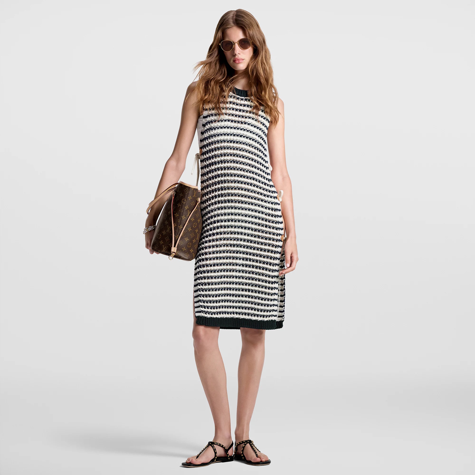 Striped Lace Knit Open Dress - 4