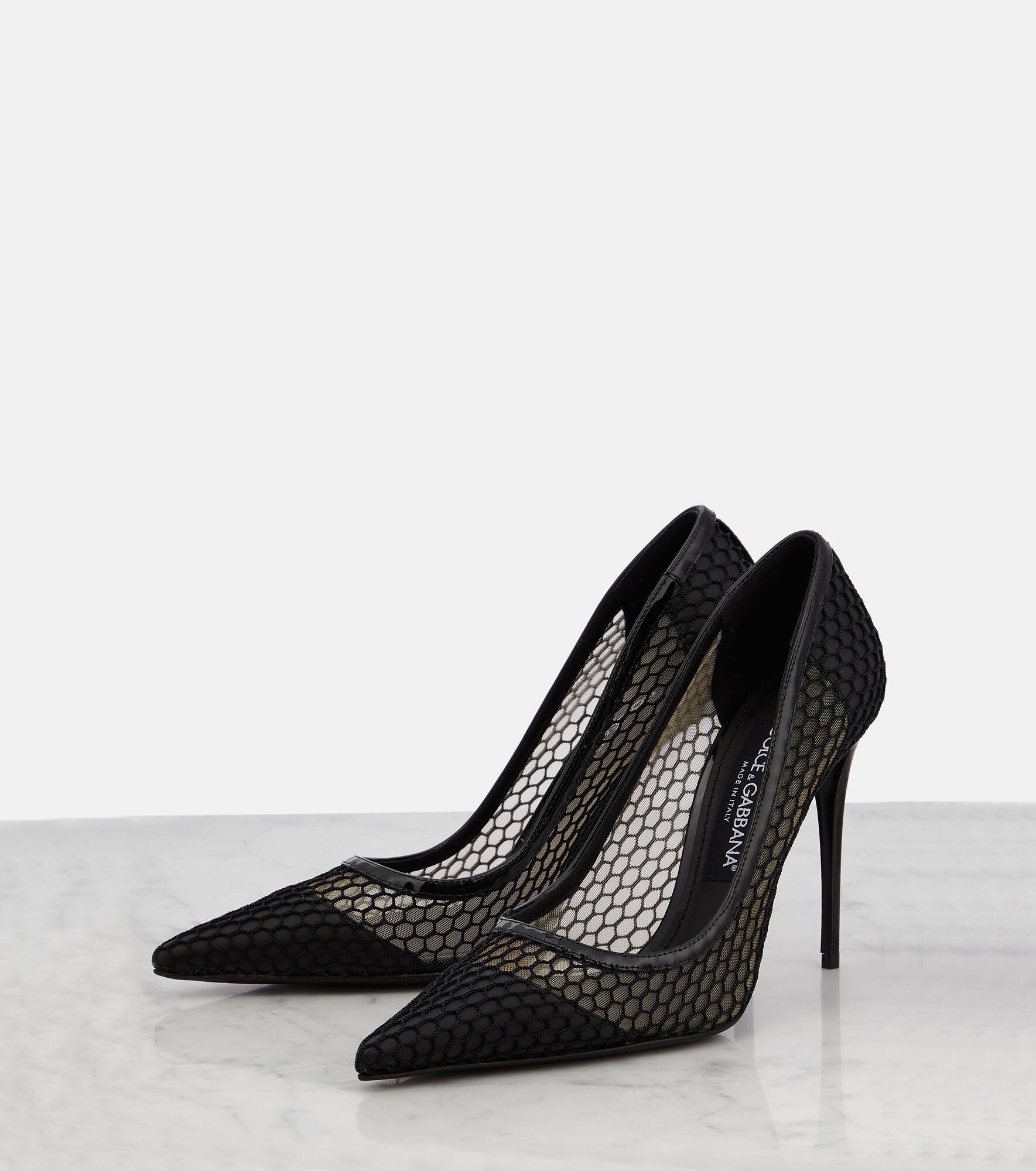 Mesh-trimmed leather pumps - 5