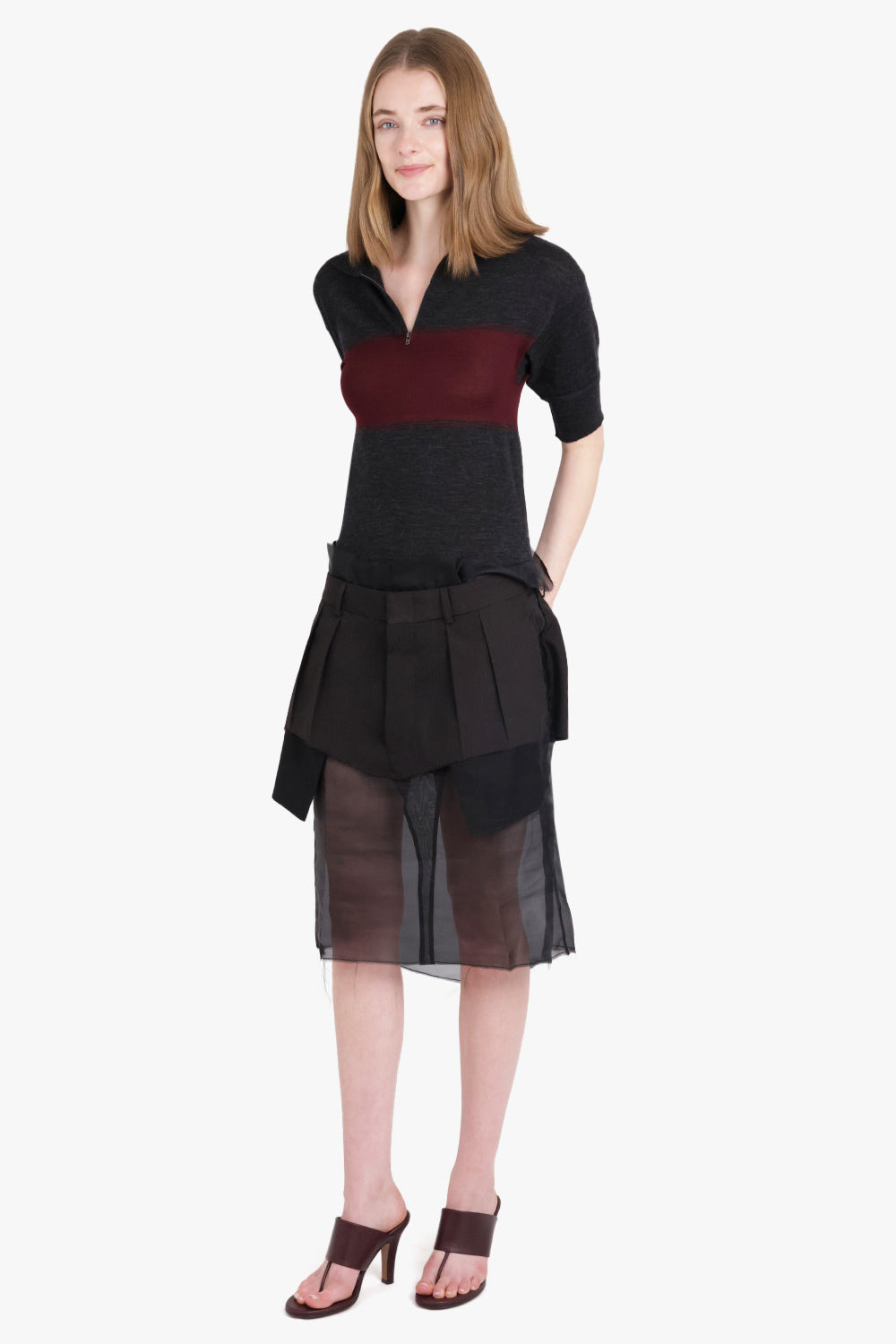 POLO TOP STYLE S/S MIDI DRESS WITH QUILTED SHEER SKIRT | CHARCOAL/BURGUNDY - 2