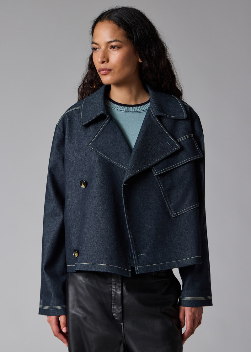 Denim Cotton-Blend Cropped Asymmetric Jacket with Topstitching 7