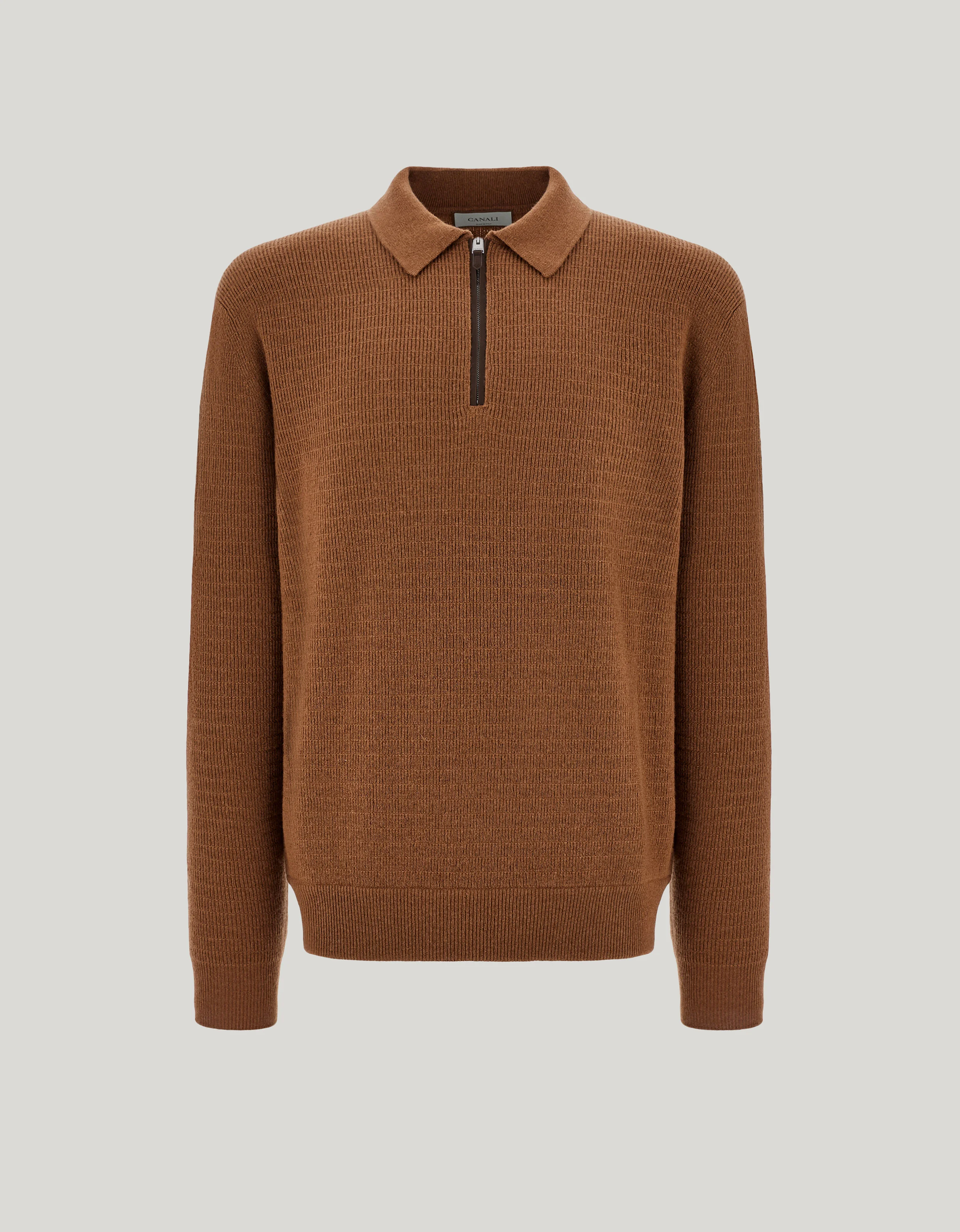 LIGHT BROWN WOOL AND CASHMERE REGULAR-FIT ZIPPERED POLO SHIRT WITH NUBUCK INSERTS - 1