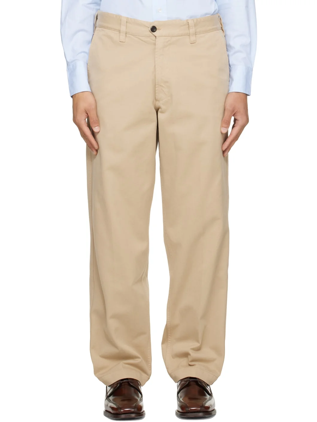 Beige Heavy Cotton Flat Front Trousers - 1