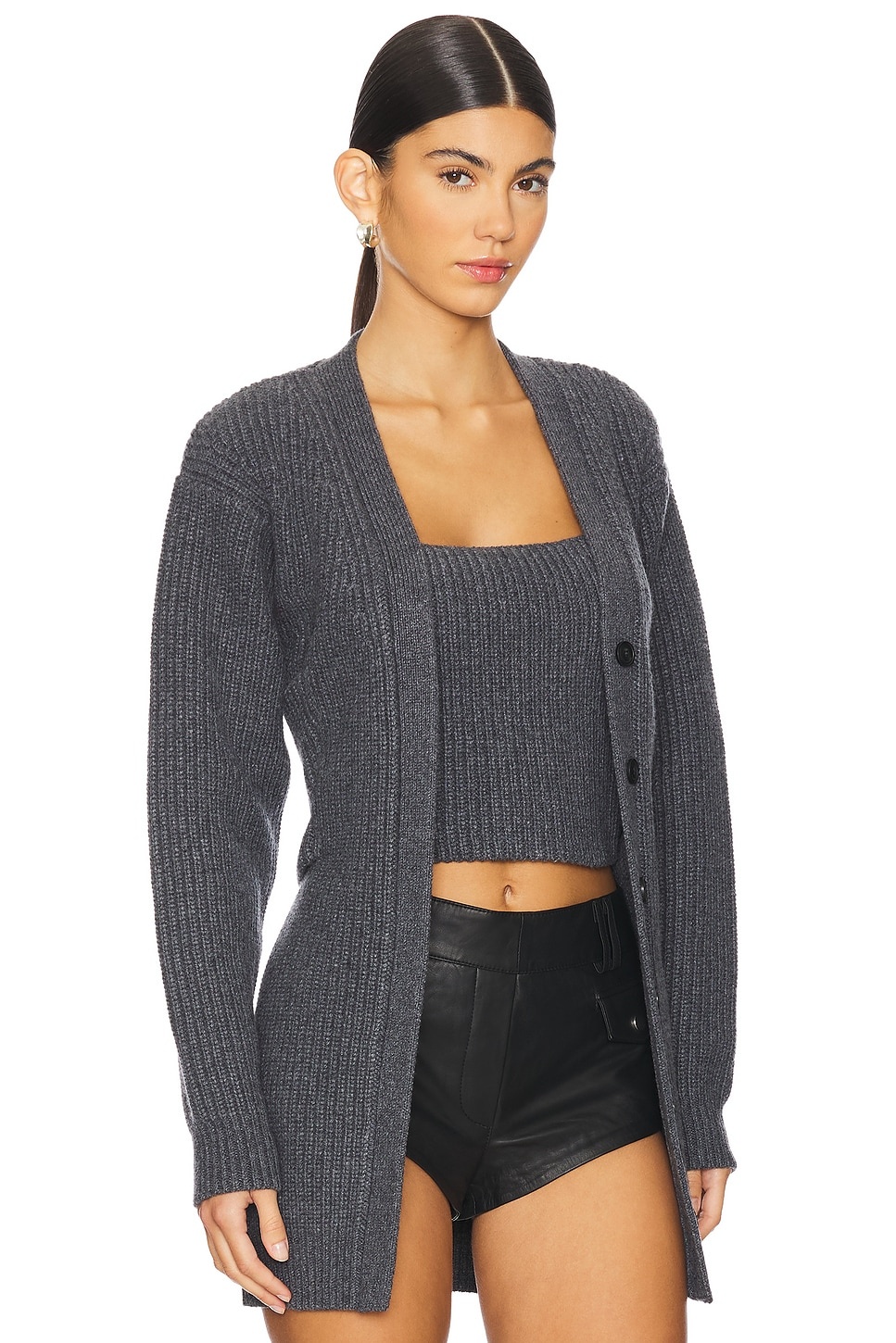 Ribbed Bilayer V-neck Cardigan With Cami Twinset - 2