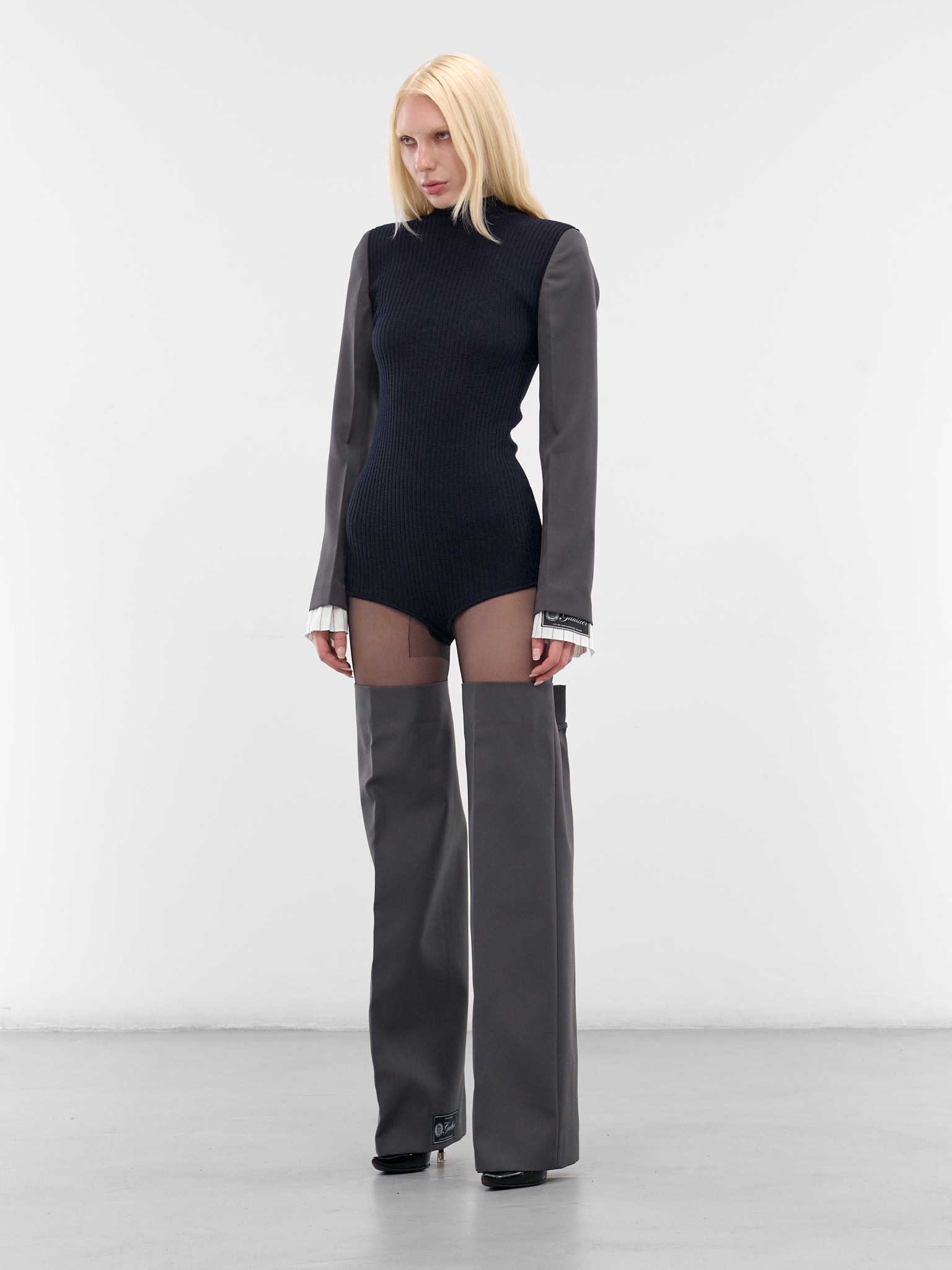 Gray Bi-Material Suit Bodysuit - 2