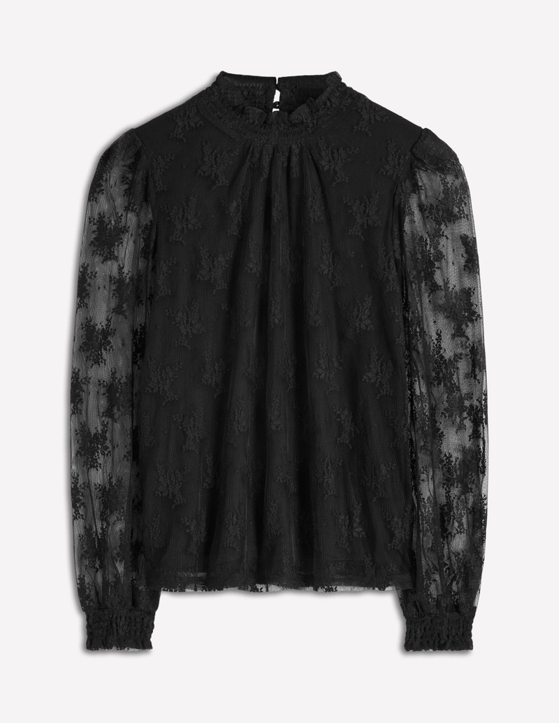 Smock Neck Tulle Top-Black 1