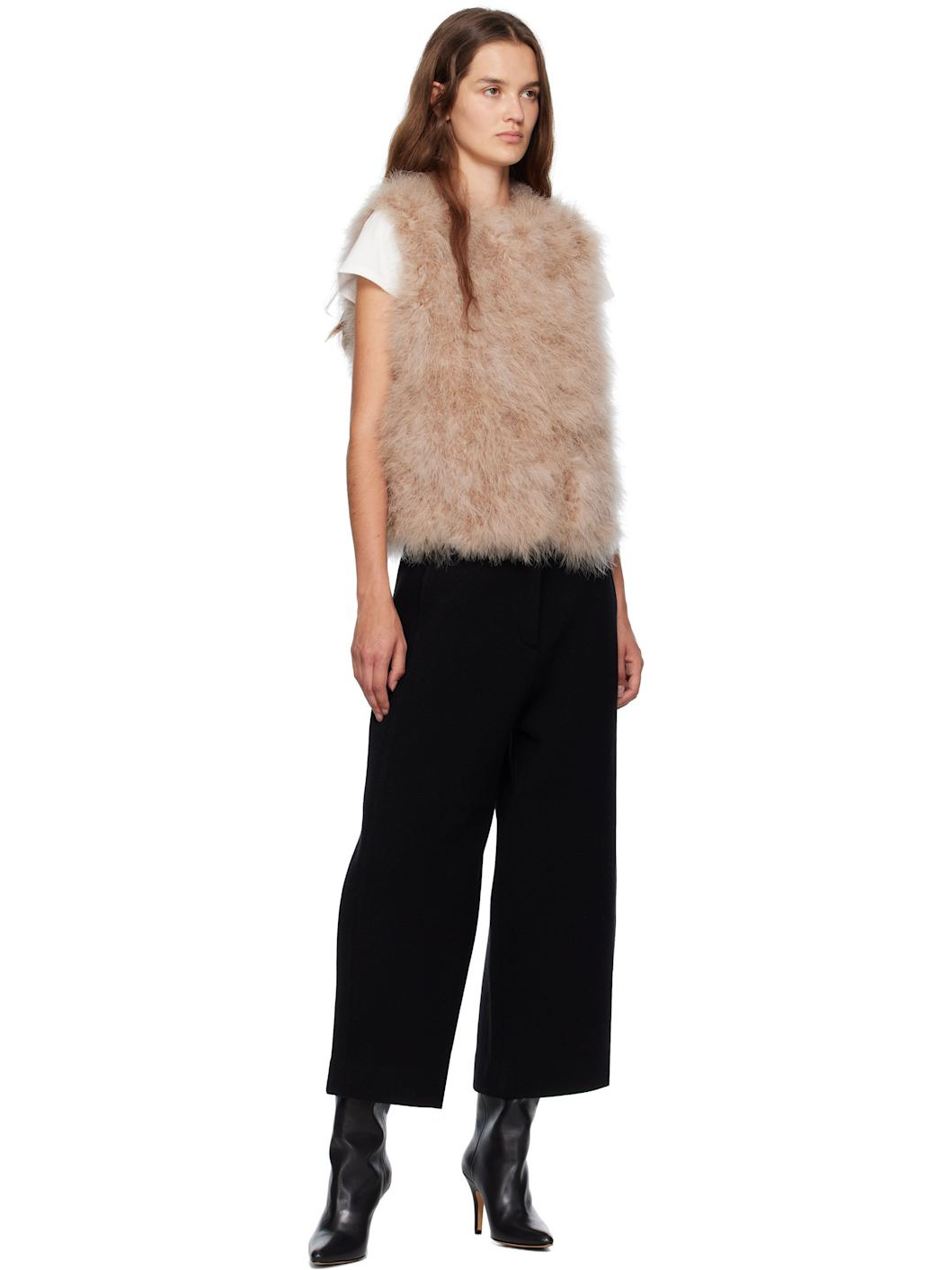 Beige Cropped Feather Vest - 4