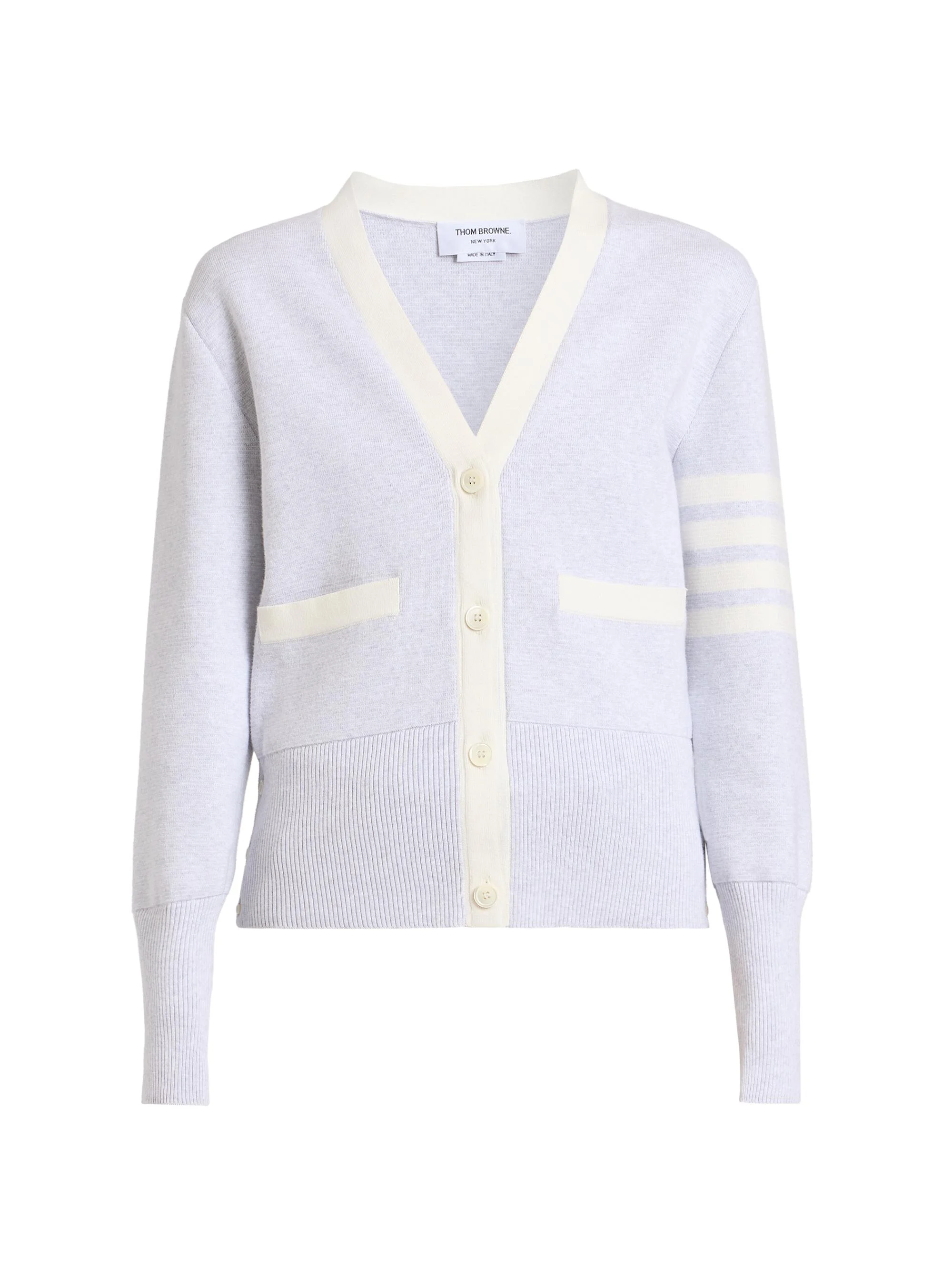 Women's Milano Classic 4-Bar Stripe Cotton V-Neck Cardigan - Pale Grey - 1