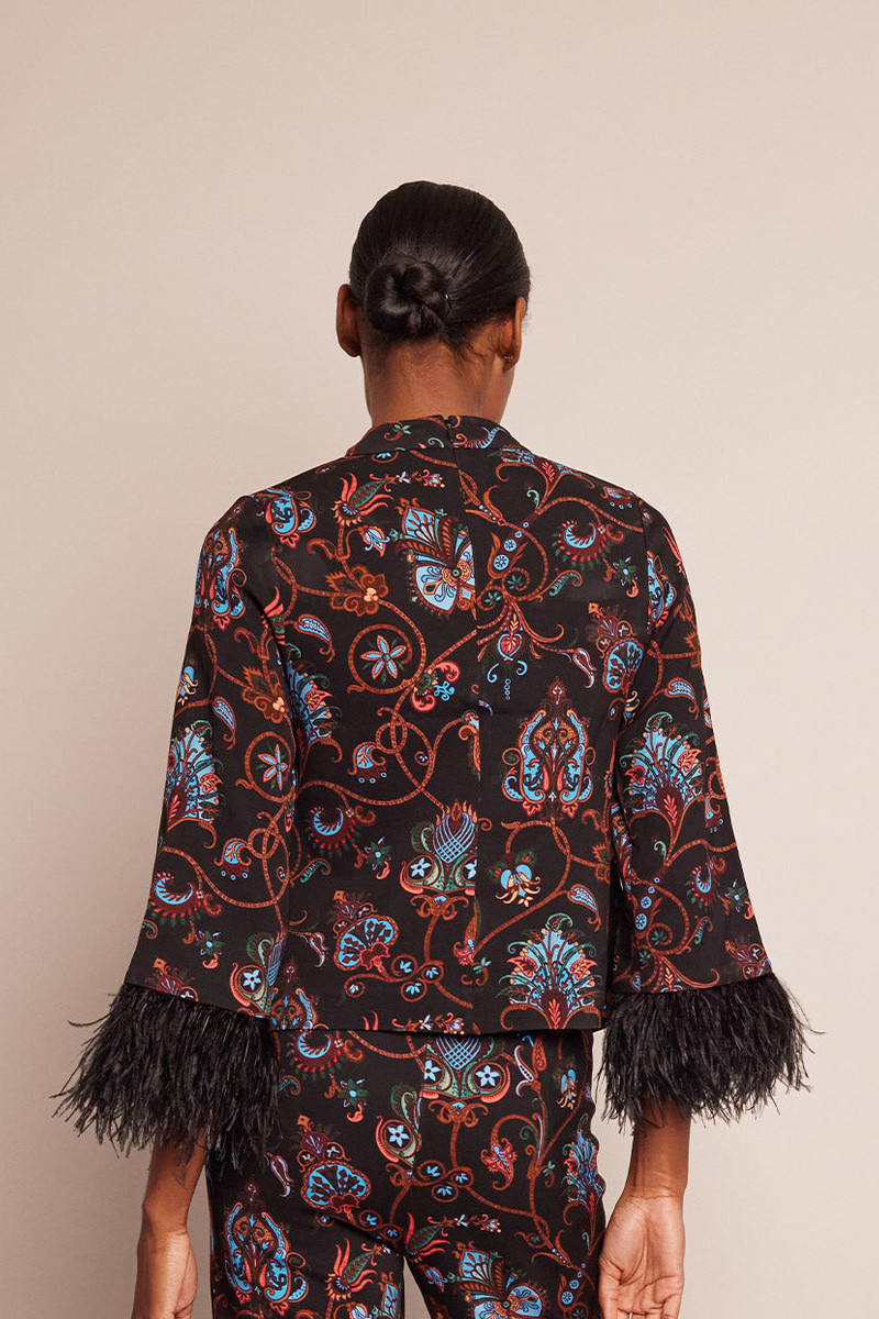 Vida Top Feather-Trimmed, Medallion-Printed, Mod-Inspired Flair 3
