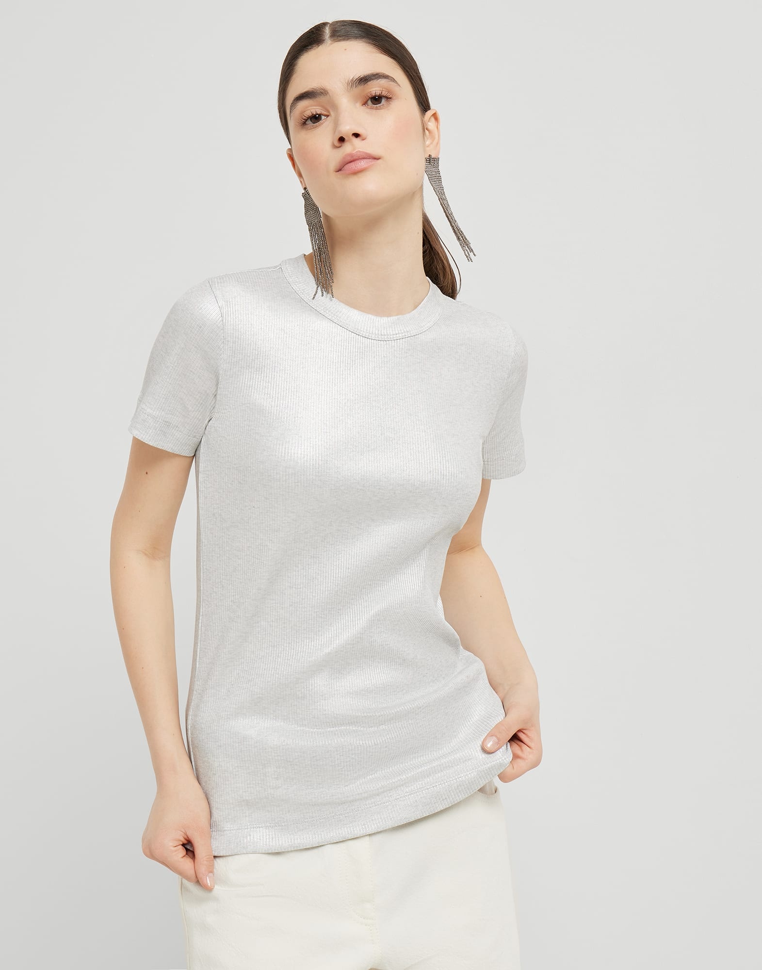 Sparkling stretch cotton ribbed jersey T-shirt with shiny tab - 1