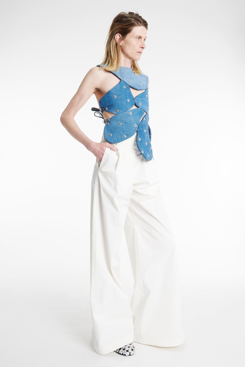 A.W.A.K.E. MODE STUDDED UPCYCLED DENIM ISLAND TOP BLUE DENIM outlook