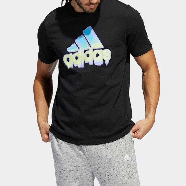 Men's adidas Alphabet Logo Round Neck Short Sleeve Black T-Shirt HE4813 - 2