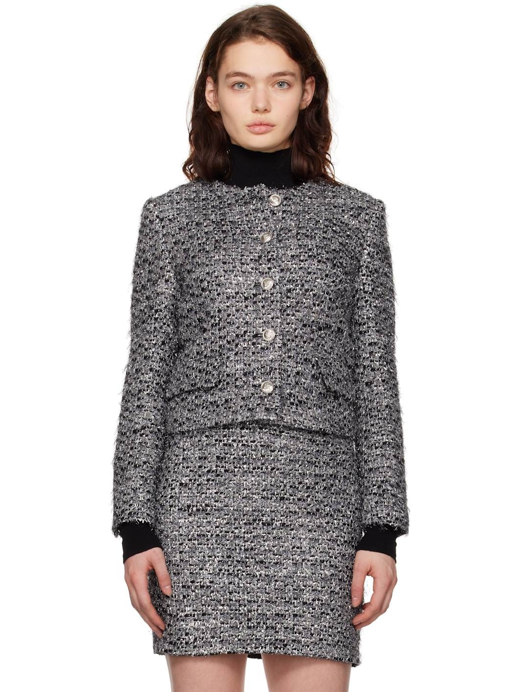 Gray Round Neck Crop Tweed Jacket - 1