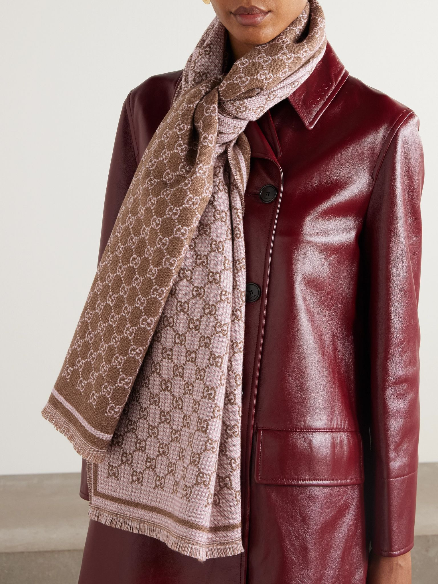 Fringed metallic wool-jacquard scarf Brown - 2