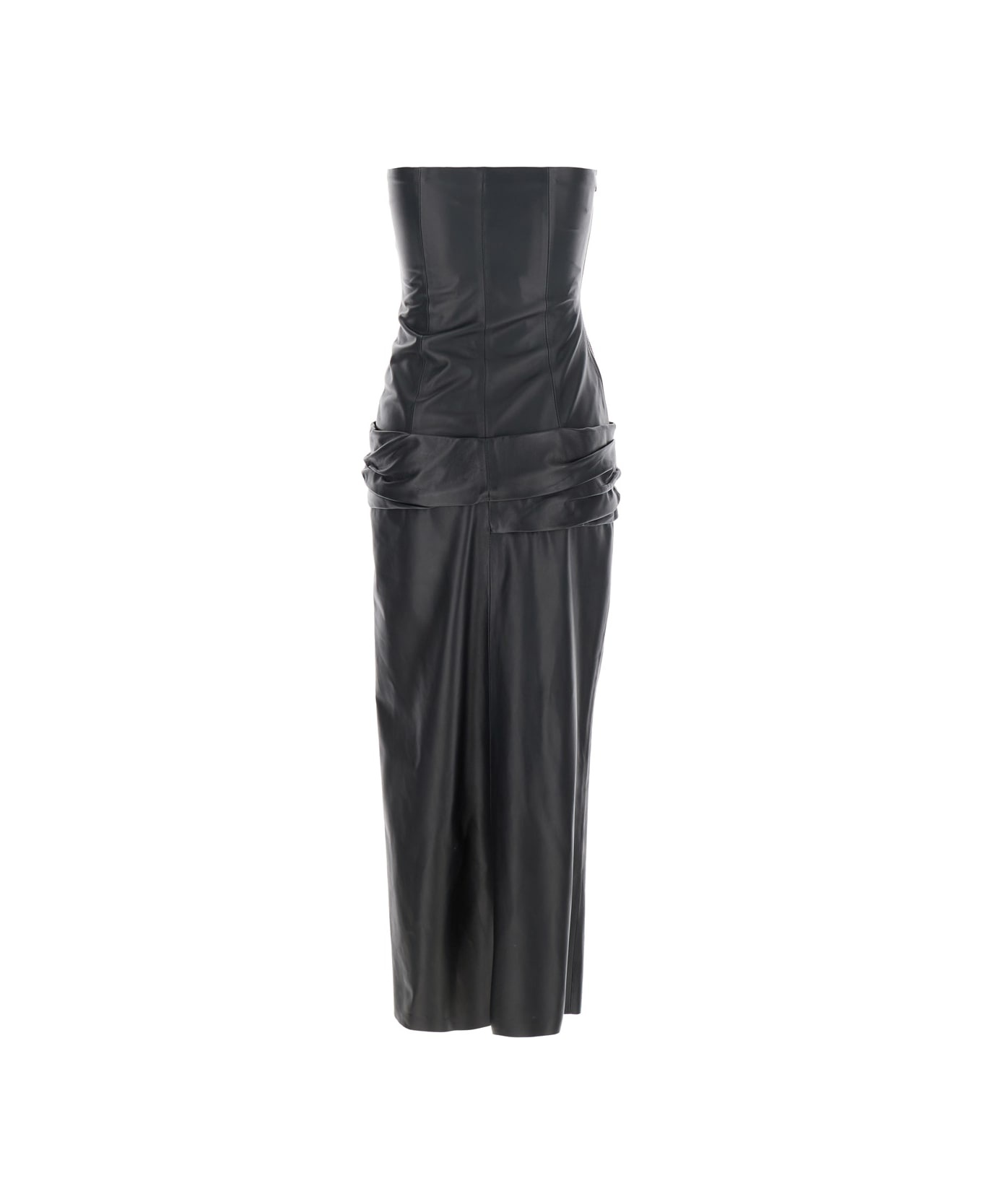 Black Sleeveless Off-shoulder Midi Dress With Front Single Slit And Ruched Waist In Leather Woman - 2