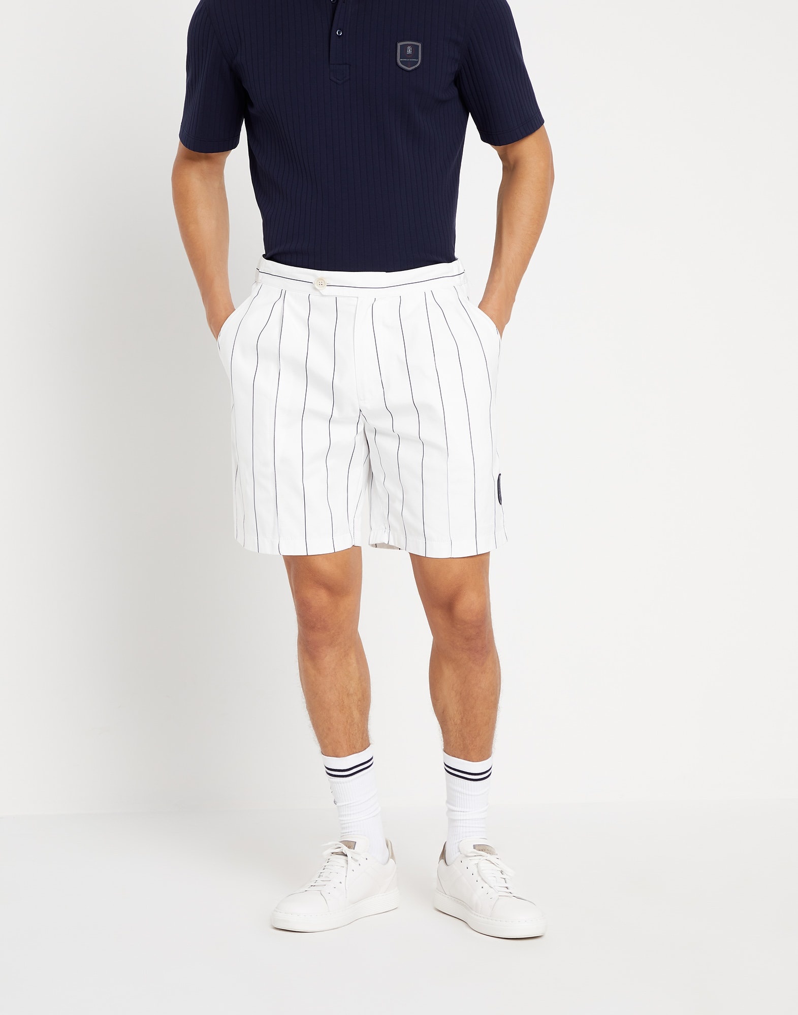 Chalk stripe nylon pleated Bermuda shorts with tabbed waistband and tennis badge - 1
