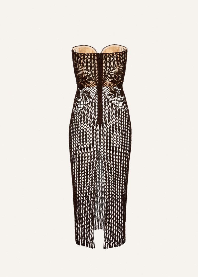 Strapless lace crochet bustier dress in brown 2